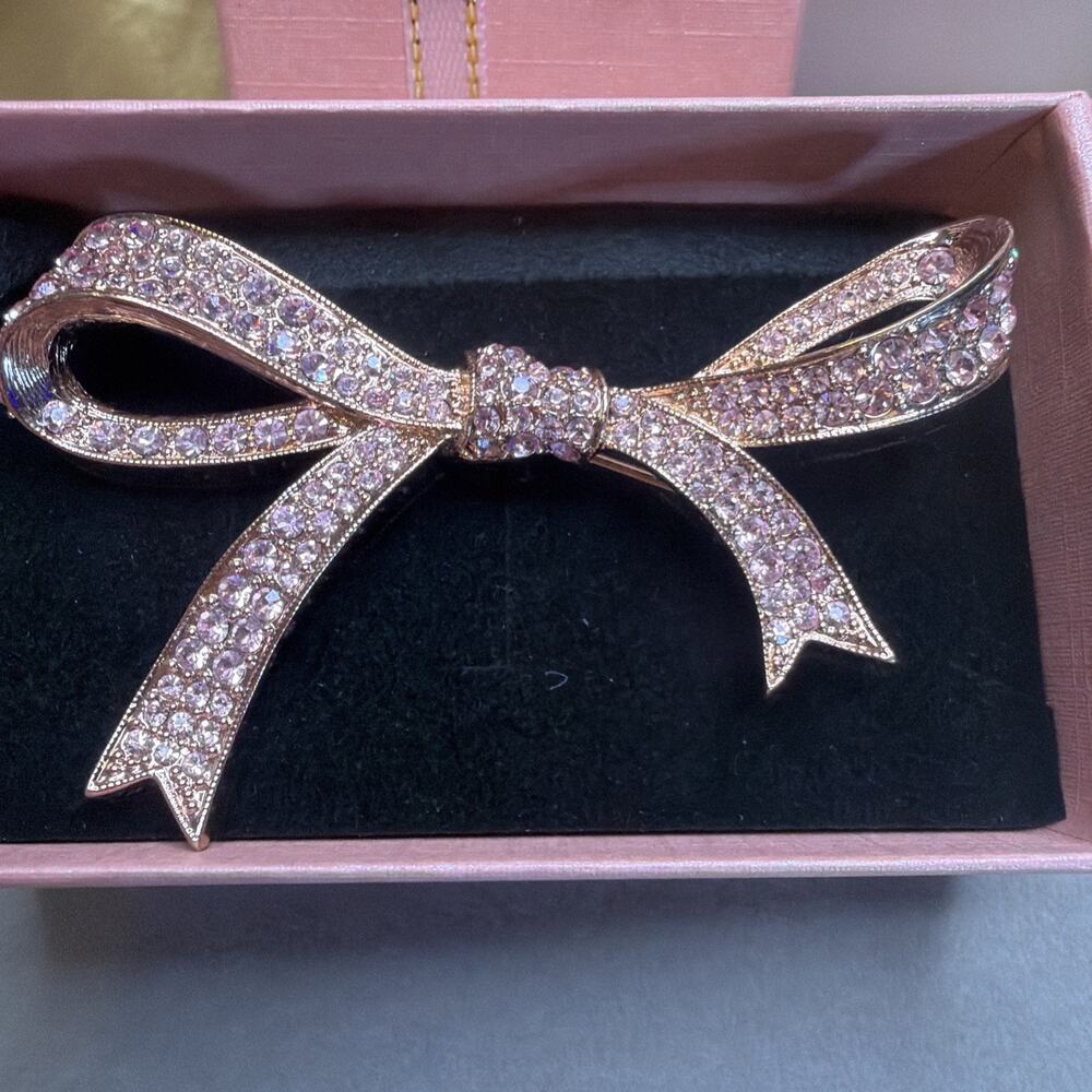 Kenneth Jay Lane Vintage Ribbon Bow Brooch Pin Pink Rose Pave Gold Plated 2.5"
